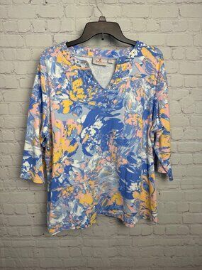 Quacker factory XL bedazzled flowery top v neck beaded pastel colorful artsy